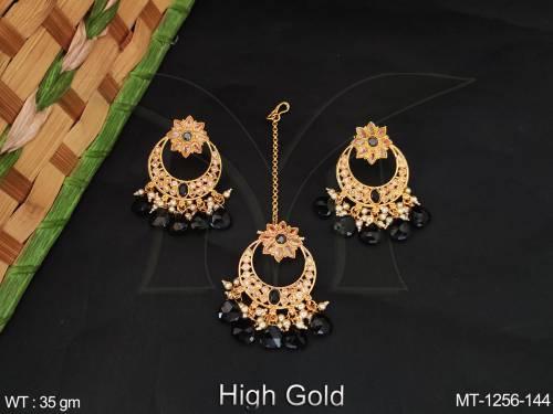High Gold Polish Antique Jewellery Fancy Design Party wear Maang Tikka with Earring