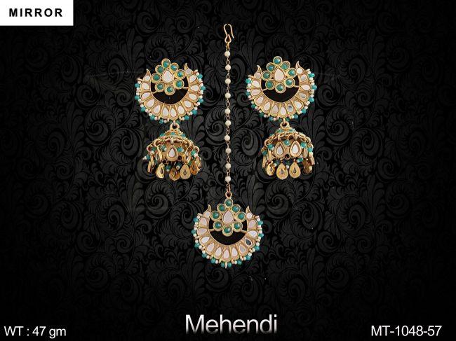 Mirror Design Beautiful Party wear Mehendi Polish Maang Tikka with Earring