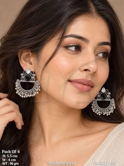 Designer Oxidized Silver Stone Chandbali Earrings