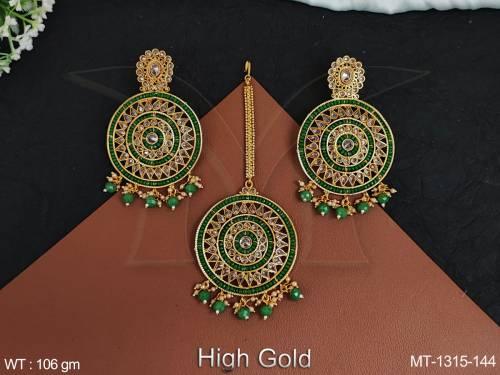 High Gold Polish Fancy Desing Party wear Antique Desinger Antique Maang Tikka with Earring