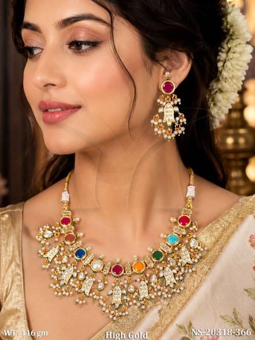 High Gold Navratna Kundan Necklace Set with Earrings