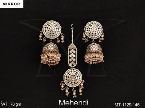 Designer Mehendi Polish Party wear Mirror Work Maang Tikka with Earring 