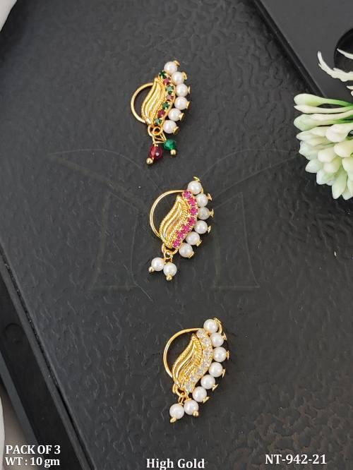 High Gold Traditional Maharashtrian Pearl Nath Pack of 3