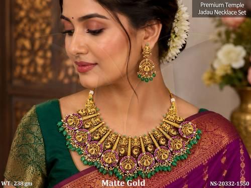 Designer Temple Jadau Peacock Matte Gold Necklace Set with Earrings