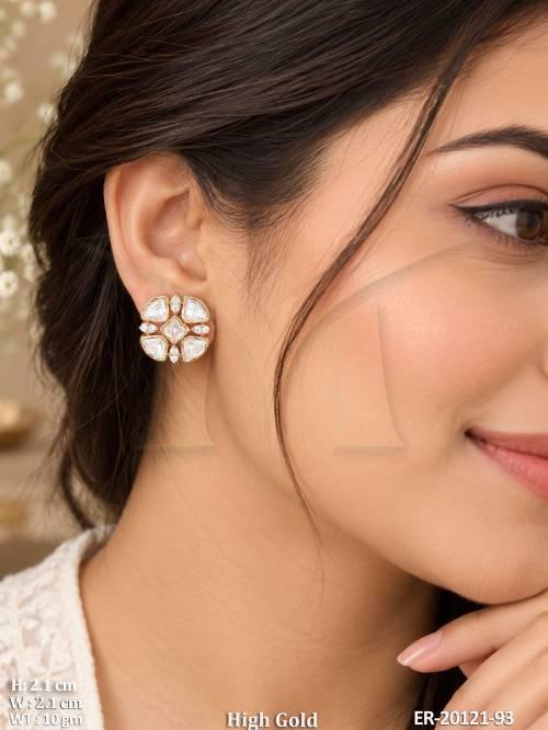 High Gold Kundan Floral Stud Earrings with White Stone Detailing