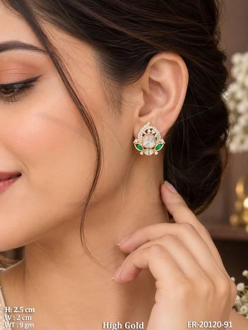 High Gold Emerald Kundan Stud Earrings with Crystal Detailing