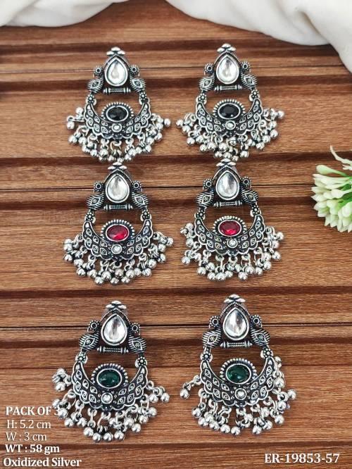 Oxidized Silver Stone Chandbali Earrings Pack of 3