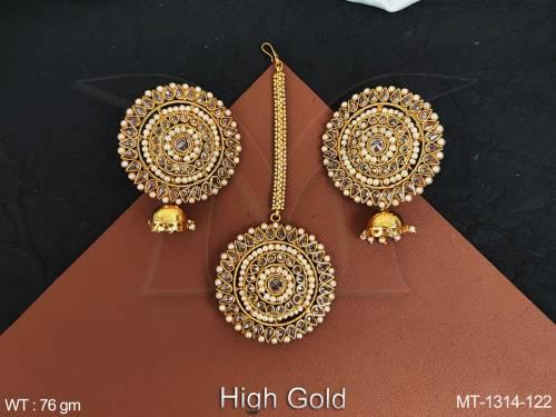 Fancy Style Party wear High Gold Polish antique Designer Maang Tikka with Earring