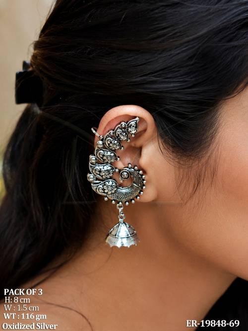 Oxidized Silver Peacock Ear Cuff Jhumka Pack of 3