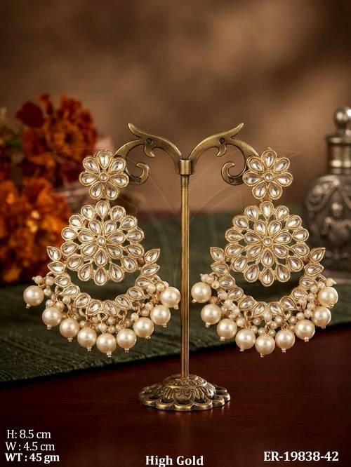 Designer Pearl Chandbali Earrings with Kundan Work