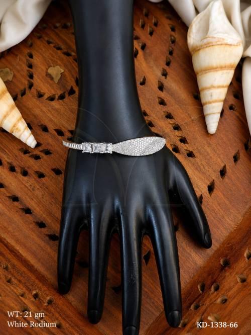 American Diamond Elegant White Rodium Kada with Glitter Leaf Design