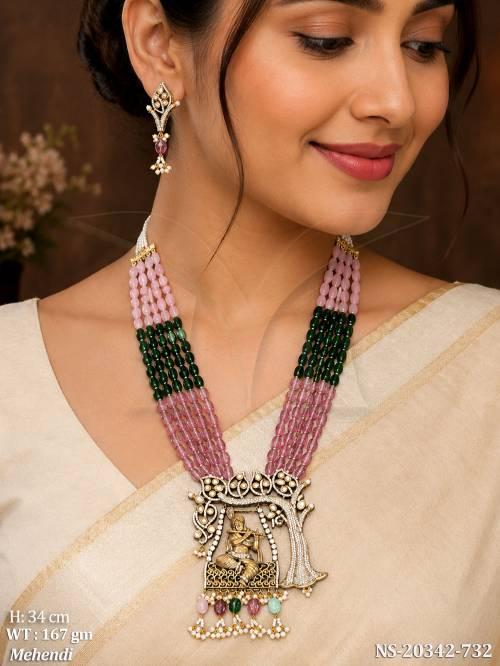 Traditional Radha Krishna Long Beads Necklace Set for Women