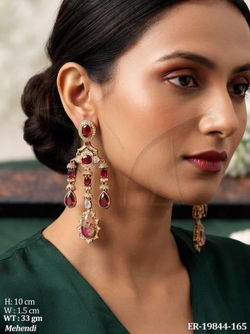 Antique Mehendi Gold Full Stone Designer Long Earrings