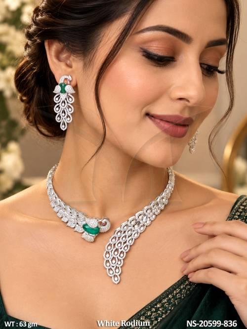 Elegant Full Stone Peacock Design White Rhodium Necklace With Earrings
