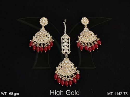 Antique Stones Clustered Pearl High gold Polish Designer Maang Tikka with Earring